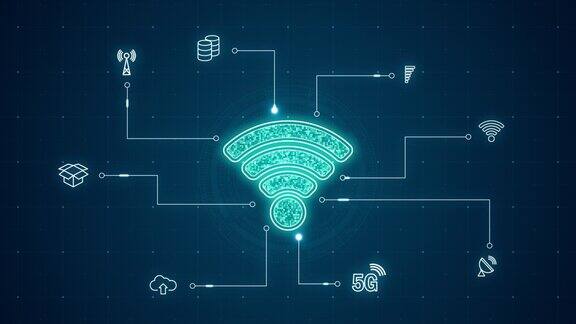 运动图形的蓝色数字WIFILOGO与线连接和数据传输到未来的图标技术抽象背景