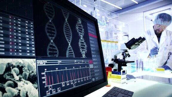 在实验室设备上工作的人电脑屏幕上的DNA研究