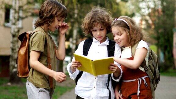 两个男孩和一个女孩十几岁的学生在放学的路上讨论一本书女孩看到大黄蜂很害怕回到学校学校的友谊一天的知识