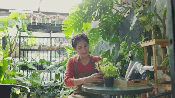 亚洲女性在家照顾植物平衡生活和小生意