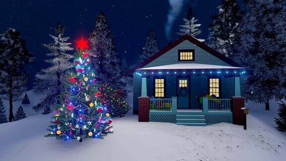 乡村小屋和装饰室外的圣诞树