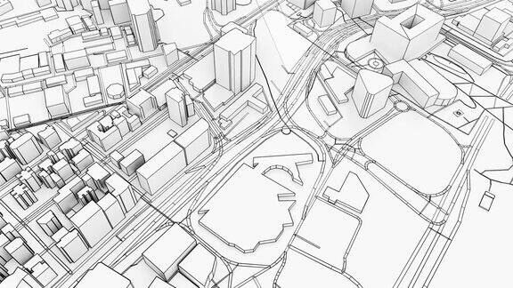 飞过抽象的3D城市的白色上方