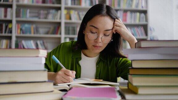 精疲力竭的亚洲女学生趴在地上休息