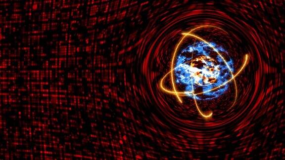 量子光红色核心和未来主义的计算机动画抽象背景与无限的橙色能量原子移动