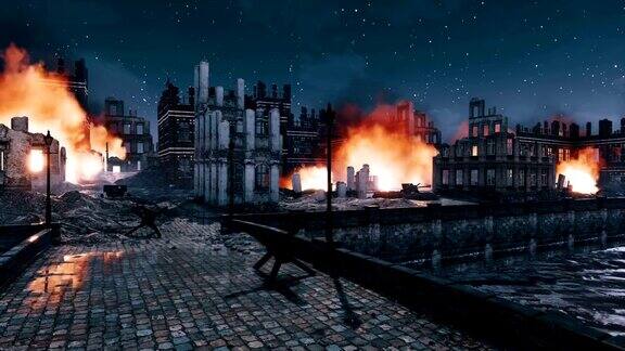 在夜晚燃烧的建筑废墟在被摧毁的战后城市