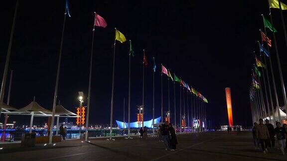 夜间时间青岛著名的奥运湾栈桥码头全景4k中国