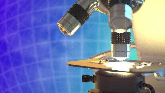 医学科学显微镜在蓝色旋转行星数字背景4K60fps超高清3D动画