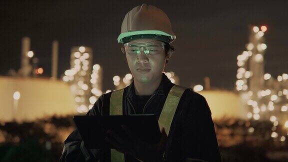 亚洲男性检验工程师在石油工厂和天然气精炼厂的笔记本电脑上工作负责检验人员的安全质量控制