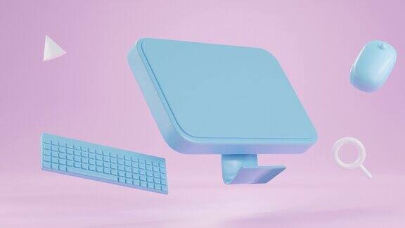 蓝色电脑显示器鼠标键盘浮动在粉红色背景上3d渲染背景概念:技术设备工作搜索