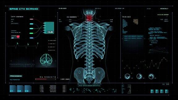 未来HUD医学屏幕数据扫描脊柱3D动画