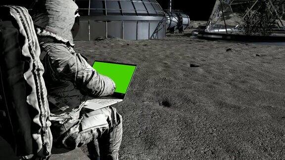科幻的场景未来的月球殖民地宇航员在月球上用绿色屏幕的笔记本电脑打字