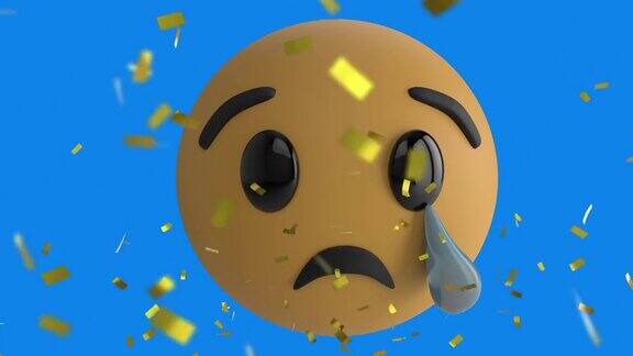 蓝色背景下金色纸屑掉落在哭泣表情符号上的数字动画
