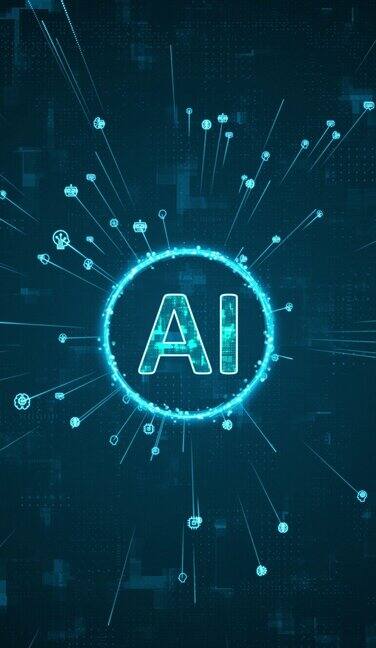 蓝色数字AI标志和AI图标围绕标志旋转AI图标在抽象背景上扩散和线条具有AI聊天机器人和机器学习技术的垂直视频概念