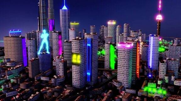 3d渲染未来反乌托邦上海城市鸟瞰图投射到赛博朋克建筑上