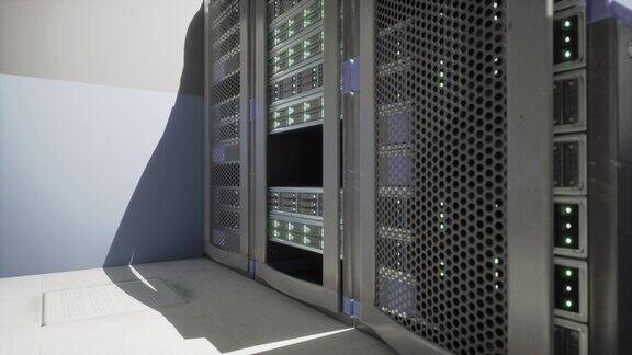 摆满机架式服务器和超级计算机的数据中心走廊