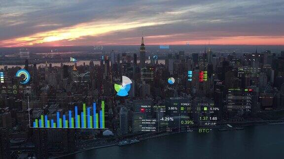 纽约的金融图表和数据全息信息未来的城市虚拟现实