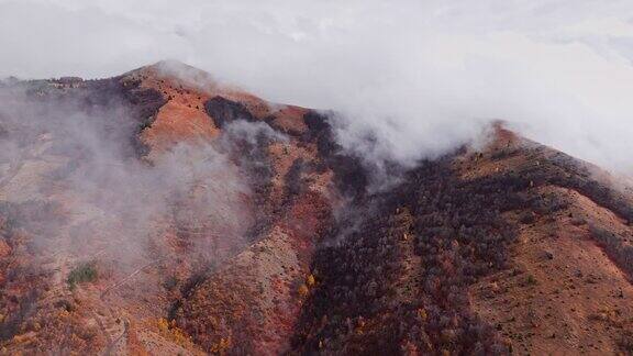 美丽而令人惊叹的航拍照片在丘陵和岩石山脉上拍摄了五颜六色的绿色黄色和红色森林低垂的云和雾-库存视频