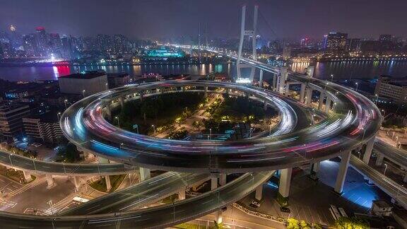 上海南浦大桥夜景鸟瞰图(WS平移)