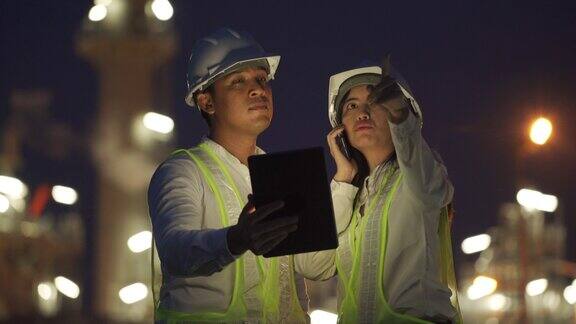 两个工业工程师在夜间使用数码平板电脑工作并以发电厂为背景进行讨论