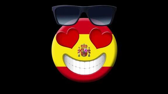 西班牙动画笑脸与西班牙国旗太阳镜和心形的眼睛动画Emoji黑色背景上的笑脸图标动画表情符号运动设计视频西班牙