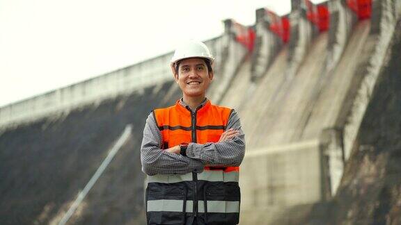 自信的亚洲维修工程师戴着安全帽在水电站大坝和灌溉工地工作在大型建筑项目工作的经理工程师