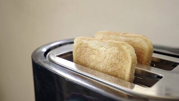 近距离观察从厨房烤面包机里出来的烤面包