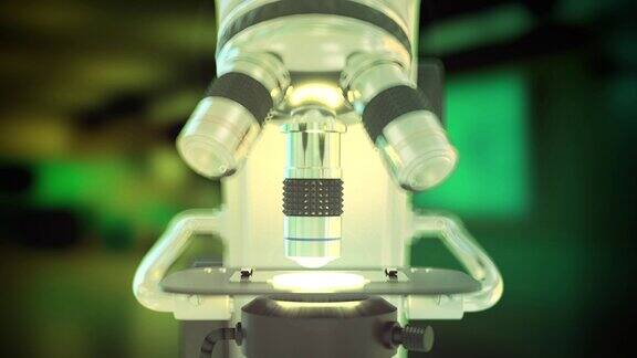 医学概念-科学电子显微镜在彩色绿色散景创作背景下4K60fps超高清3D动画