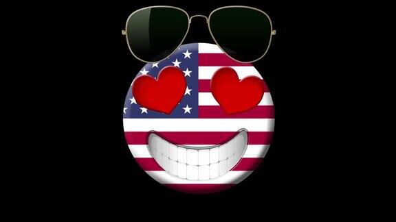 美利坚合众国动画的笑脸与美国国旗太阳镜和心形的眼睛动画Emoji黑色背景上的笑脸图标动画表情符号运动设计视频美国