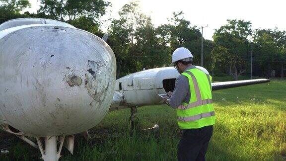 男性航空工程师检查飞机发动机