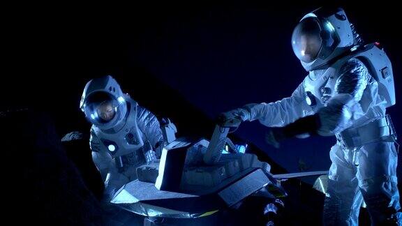 两名宇航员穿着宇航服在外星球上为表面探索任务准备太空车关于太空殖民的未来概念