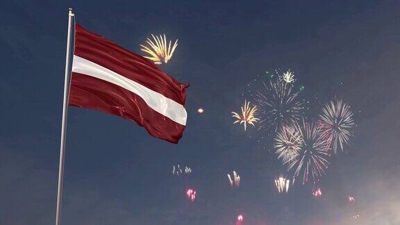 拉脱维亚国旗与烟花背景