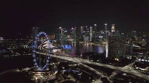 新加坡地标性金融商业区夜间鸟瞰图