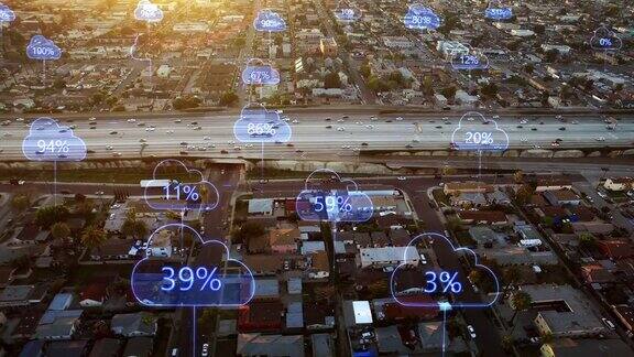 空中智能高速公路网络连接和带有百分比的云计算图标技术理念、数据通信、人工智能、物联网高速公路上的交通