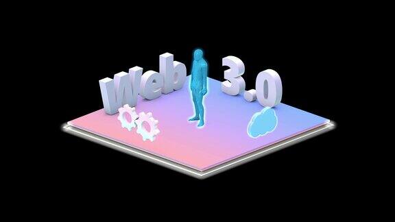 Web3.0文字霓虹灯效果新技术动画齿轮云和人3d动画互联网和新技术