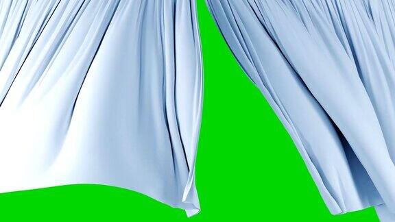 美丽的轻丝质窗帘在风中飘扬揭示背景3d动画与绿色屏幕阿尔法面具