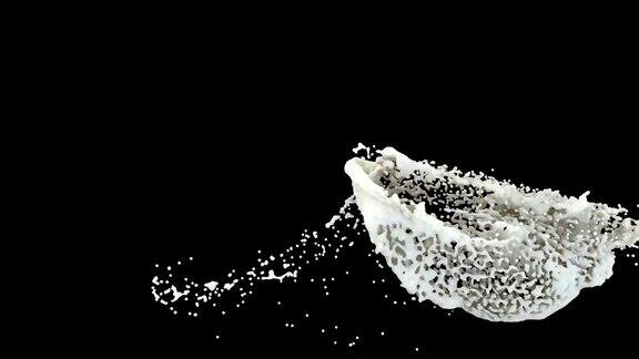 牛奶飞溅旋转三维逼真的镜头旋转的白色液滴和飞溅孤立在黑色背景流体滴扭转效果近距离动画丙烯颜料旋转动态视频