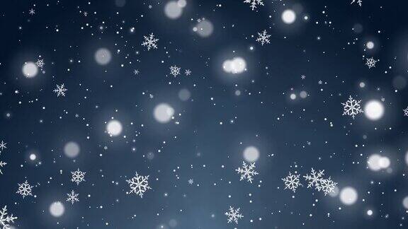 白色的五彩纸屑雪花和散景灯在蓝色的圣诞背景