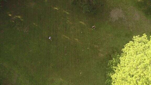 两个女人在草坪上打羽毛球俯视图直接上方无人机视频