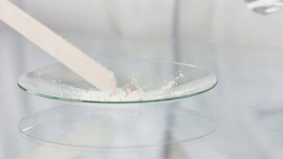 科学家在培养皿中散布不明白色粉末