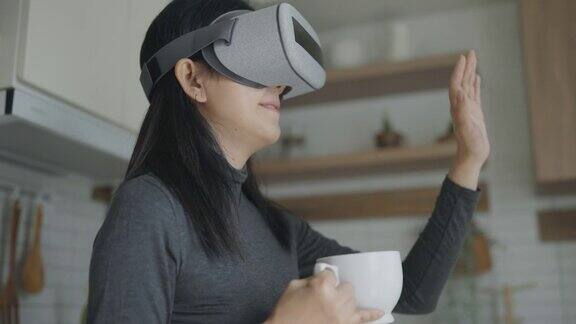 Metaverse年轻女子戴着虚拟现实头盔或VR眼镜