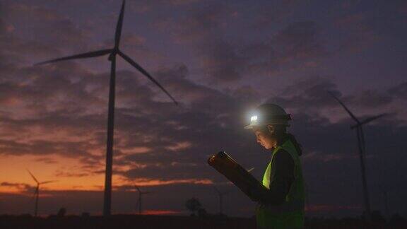 黄昏时分在风电场工作的风力发电厂能源工程师