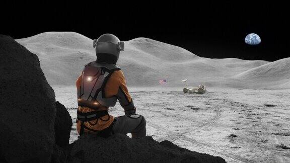 宇航员困在月球上想家天空中遥远的行星地球