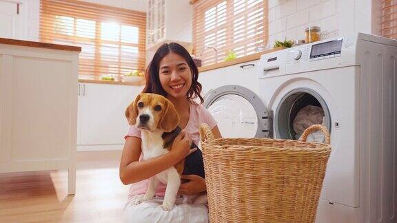 亚洲女人和小猎犬一起把衣服放进洗衣机美丽的年轻女主人心情愉快放松享受与她可爱的宠物小狗一起在家里度过自由的闲暇时光