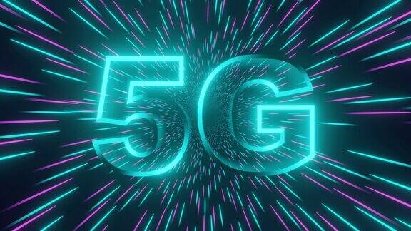 5G符号与蓝色抽象的未来背景第五代无线互联网连接数字全球网络高速技术概念3d动画