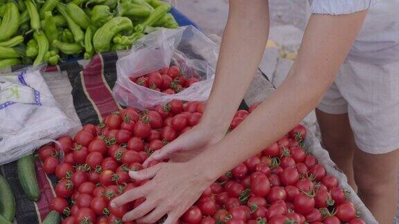 一位妇女在街市上挑选新鲜的有机西红柿