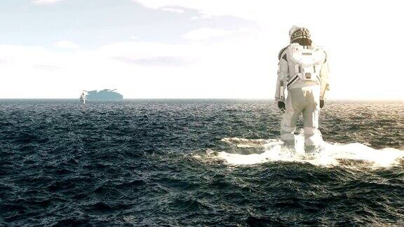 一名宇航员-探险家正走在一个无人居住的水上行星上向他的宇宙飞船走去动画为幻想未来或太空旅行背景