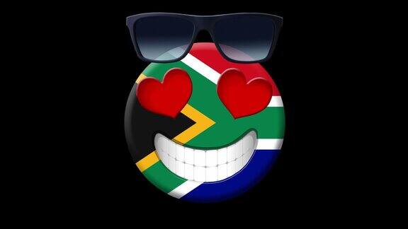 南非动画的笑脸与南非国旗太阳镜和心形眼睛动画Emoji黑色背景上的笑脸图标动画表情符号运动设计视频南非旅游