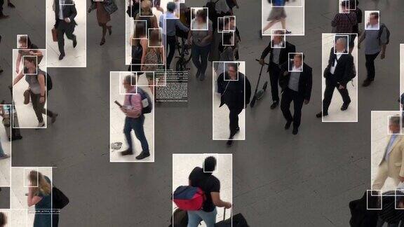 高视角的通勤者步行面部识别界面显示每个人的个人数据监测人工智能深度学习
