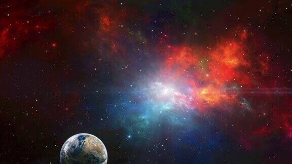 空间场景夜晚的地球行星与彩色分形星云