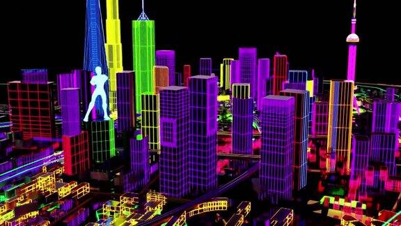 3d动画未来反乌托邦上海城市鸟瞰图投射到赛博朋克建筑上